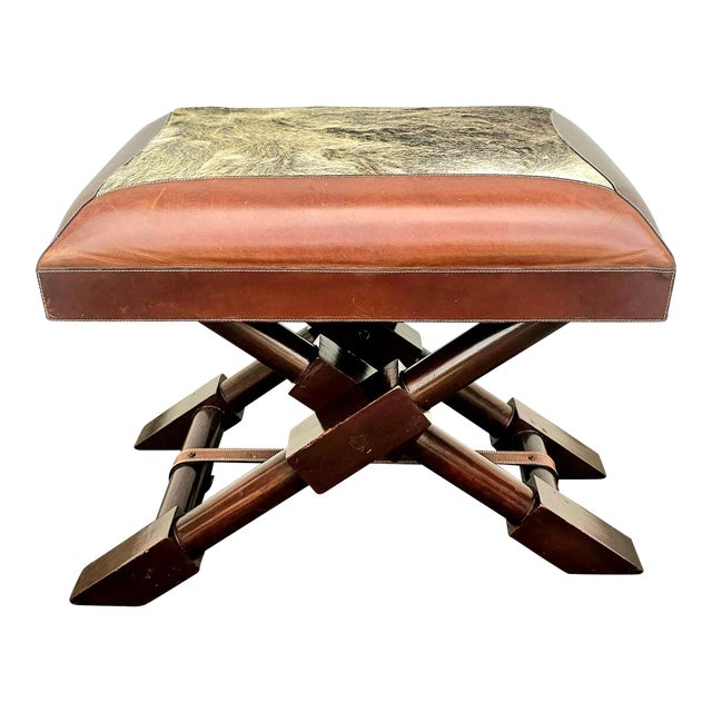 Authentic Stamped Stetson 100% Grain Leather and Premium Cowhid Ottoman With Removable X-Frame Footstool For Sale