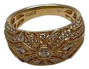 Edwardian Style Diamond Bezel Filigree 14k Yellow Gold Vintage Details Band Ring
