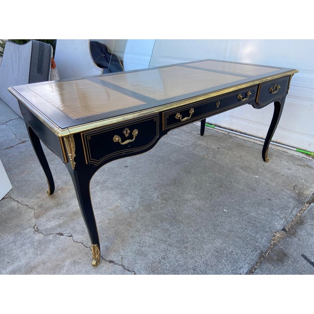 1990s Drexel Heritage Grand Palais Collection Louis XV Executive Writing Desk Style Leather Top and Brass For Sale In Sacramento - Image 6 of 18