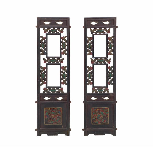 Wood Pair Chinese Vintage Restored Wood Brown Flower Carving Wall Hanging Art For Sale - Image 7 of 7