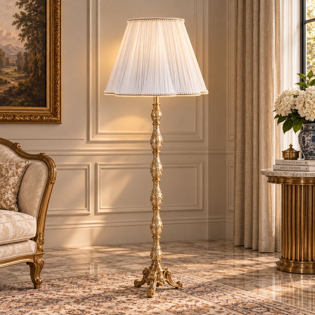 French French-Style Gilded Floor Lamp – Ornate Gold Leaf Stand With Pleated Ivory Fabric Shade For Sale - Image 3 of 3