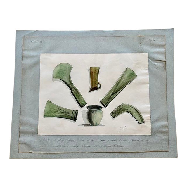 Antique Austrian Museum Watercolor c.1900 Bronze Age Tools Scientific Art For Sale