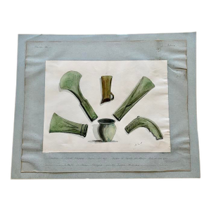 Austrian Museum Collection of Bronze Age Tools Original Watercolor Illustration C.1900