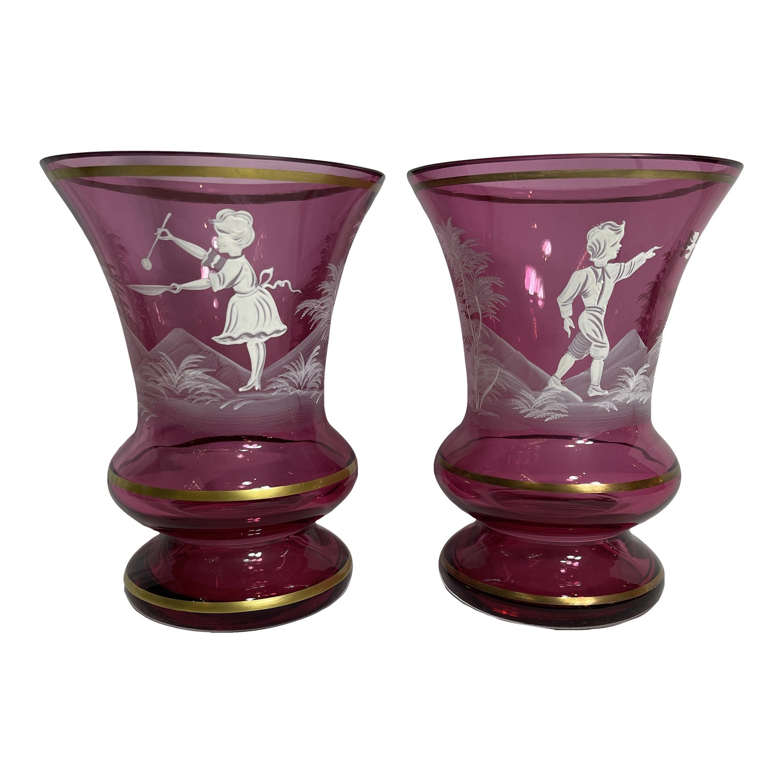 1940s Mary Gregory Ruby Red Glass Vases- Set of 2 | Chairish