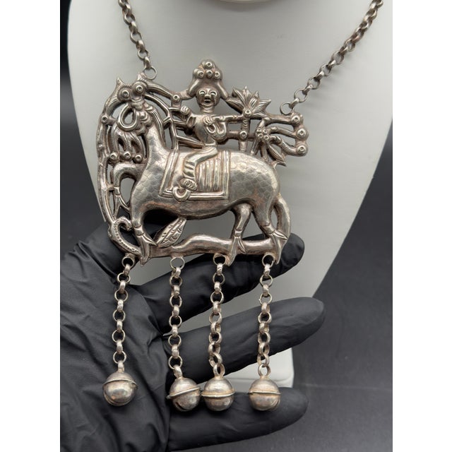 Metal Vintage Chinese Silver Qilin Necklace For Sale - Image 7 of 16