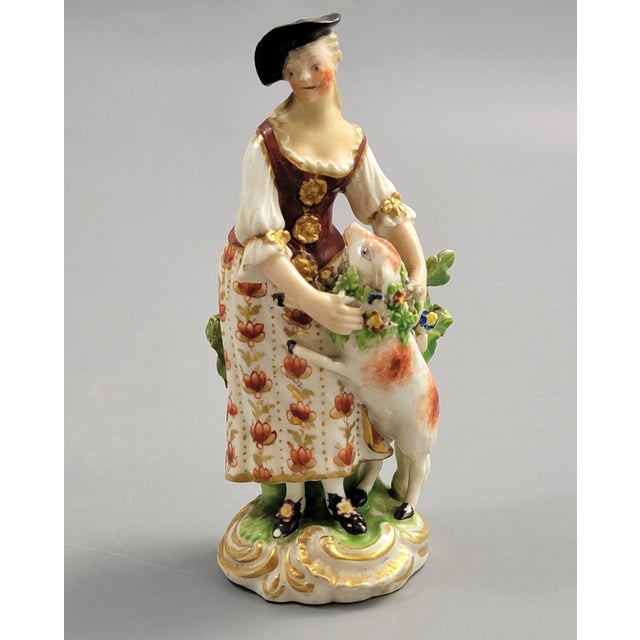 Ceramic Georgian Porcelain Shepherdess with Lamb Figure from Derby, 1750s For Sale - Image 7 of 10