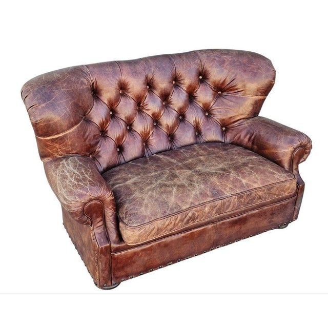 5 Foot Restoration Hardware Churchill Tufted Leather Sofa Loveseat For Sale - Image 13 of 18