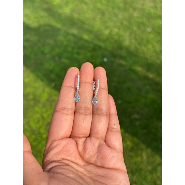 Not Yet Made - Made To Order 1.19Ct Natural Aquamarine & Diamond Huggie Drop Earrings in 14k White Gold- 2 Pieces For Sale - Image 5 of 13
