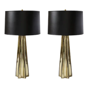 Pair of Modernist X-Form Table Lamps in Hand Blown Murano Smoked Gold Glass
