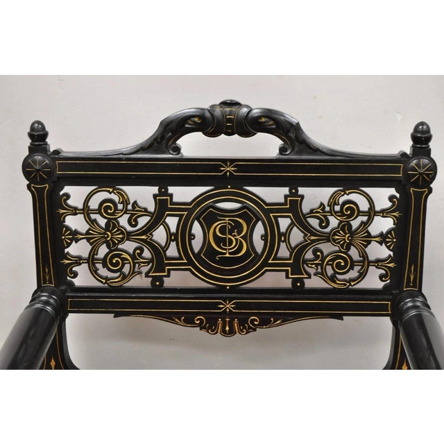 Victorian Antique Victorian Aesthetic Movement Ebonized Curule Throne Arm Chair With Lions For Sale - Image 3 of 13
