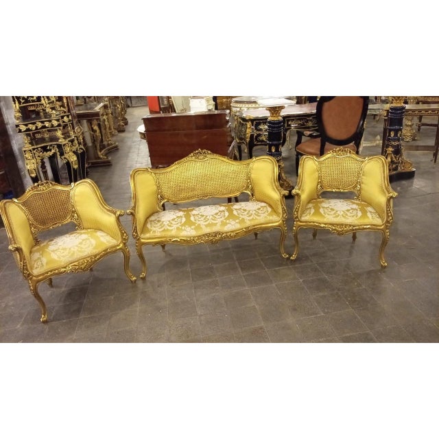 Vintage Gilt Caned Settee & Pair of Armchairs For Sale In Orlando - Image 6 of 10