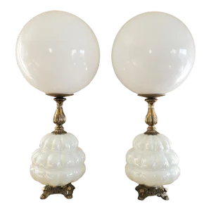 Pair of Vintage Mid-Century Modern Opal Iridescent Tiered Glass Globe Table Lamps