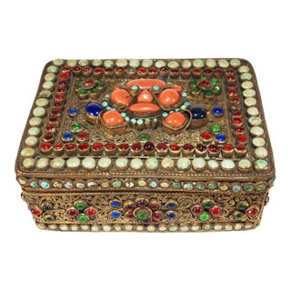 Early 1900s Vintage Tibetan Jeweled Trinket Box For Sale
