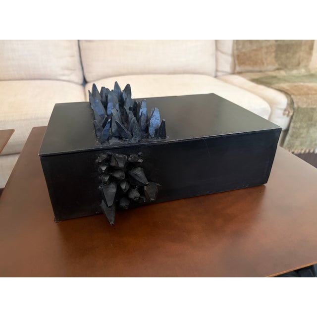 This natural iron box with hinged lid has a band of faceted iron shards running across the sides and top. Rustic, patina...