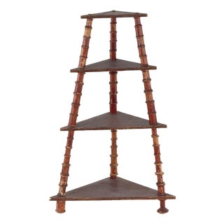 Antique 1920s 27" Tall Folk Art 4-Tier Wooden Spool Triangular Geometric Corner Shelf For Sale