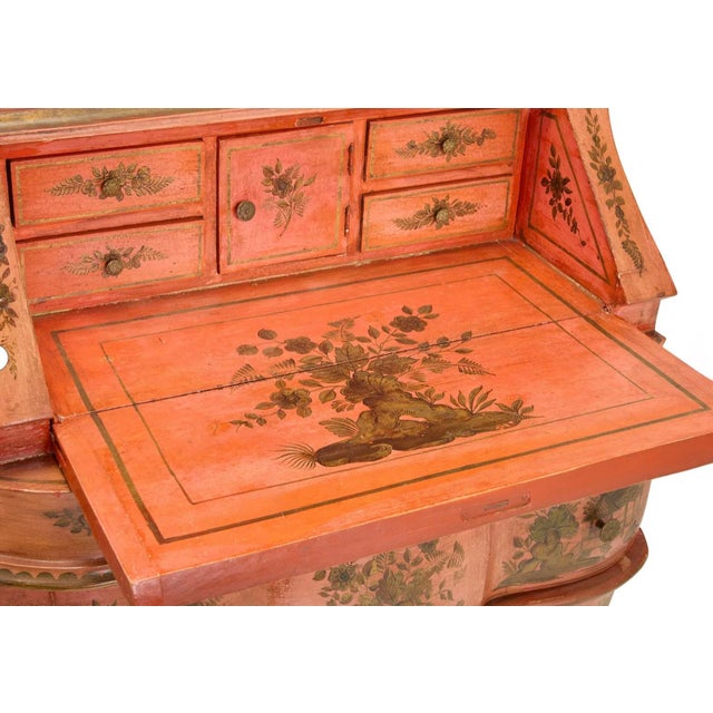 Mid-Century Italian Venetian Coral & Gilt Hand Painted Chinoiserie Secretary Desk For Sale - Image 4 of 9
