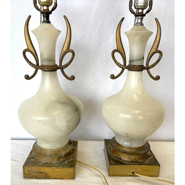 Metal Antique Art Deco/ Hollywood Regency Style Alabaster Table Lamps With Bronze Figureheads- A Pair For Sale - Image 7 of 18