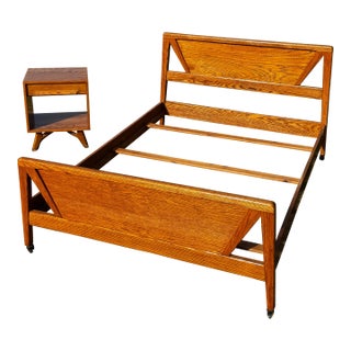 1950s Jack Van Der Molen Oak MCM Full Bed & Nighstand For Sale