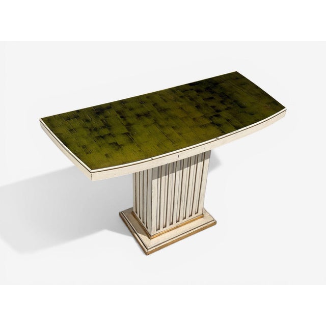 Wood Pair Maison Jansen Painted and Eglomise Emerald Green Glass Top Console Tables For Sale - Image 7 of 14