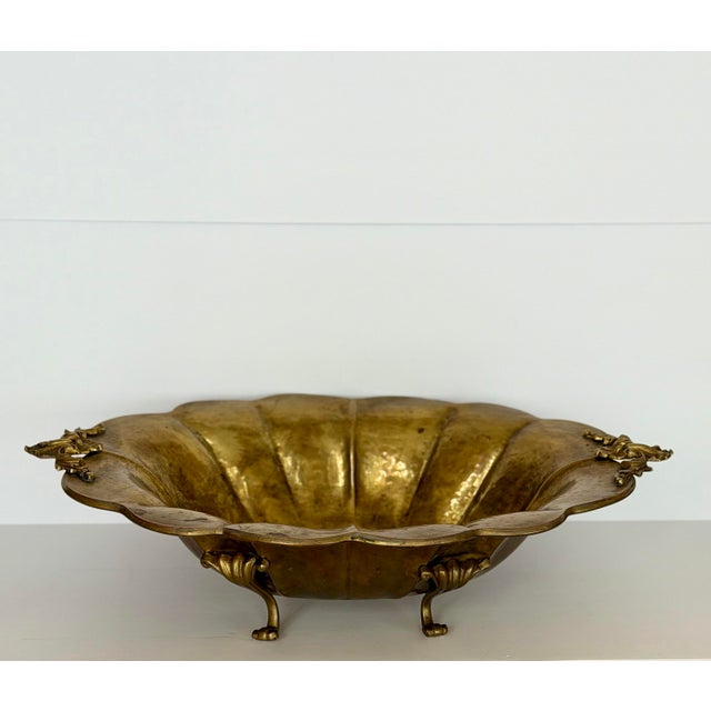 Metal Mid-20th Century Large Scalloped & Floral Handles Brass Centerpiece Bowl For Sale - Image 7 of 10