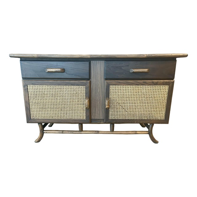 Vintage MCM Bamboo and Cane Sideboard Cabinet For Sale