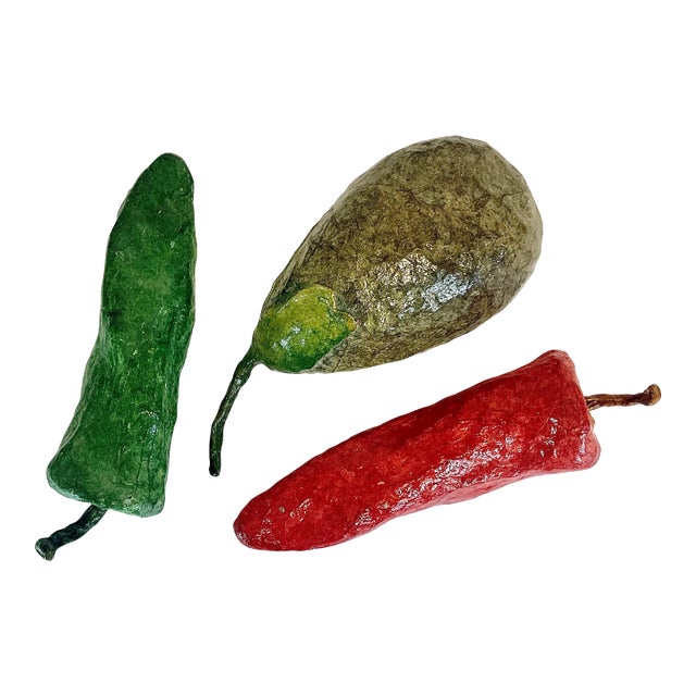 1980s Vintage Boho Chic Lacquered Paper Mache’ Eggplant, Cayenne & Jalapeño Pepper - Set of 3 For Sale
