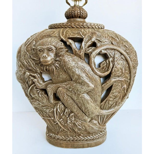 Brown Late 20th Century Hollywood Regency Sculptural Monkey Table Lamp, Original Finial For Sale - Image 8 of 10