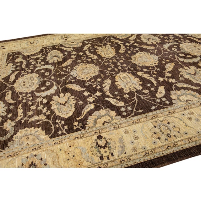 Textile Modern Peshawar Handmade Palmettes Motif Brown Wool Rug For Sale - Image 7 of 9