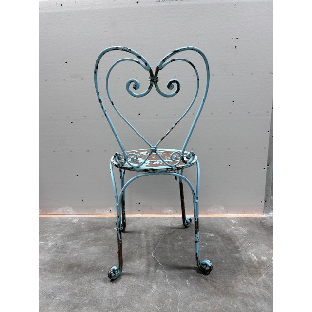 Blue Antique French Wrought Iron Heart-Back Bistro Chairs, Pair, Original Chippy Blue Paint For Sale - Image 8 of 10