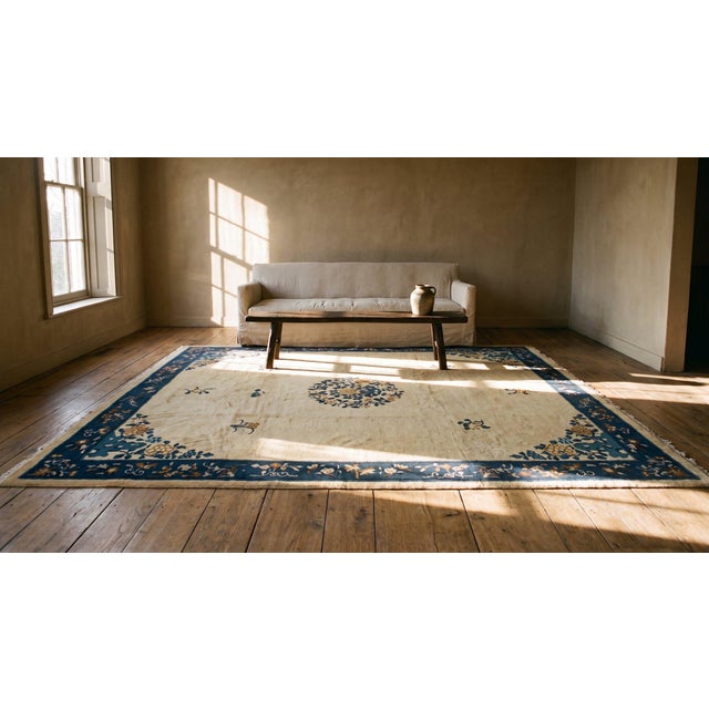 1920s Beige Medallion Floral Antique Chinese Peking Carpet 8'' X 9'5'' Wool Knotted Rug For Sale - Image 11 of 12