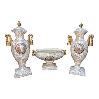 Set of 3, Vintage Empire Porcelain Shelton Compote Dish Lidded Vases Urns For Sale