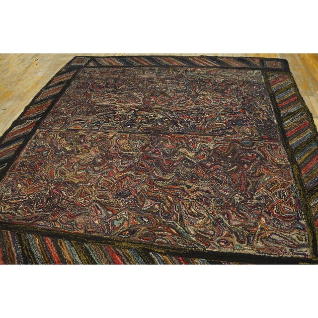 American 1930s Multicolor Antique Abstract Stripe Design American Hooked Folk Art Rug For Sale - Image 3 of 9
