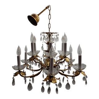 Antique Italian Hollywood Regency Florentine Gold Gilt 12 Arm Glass Crystal Prisms Chandelier For Sale
