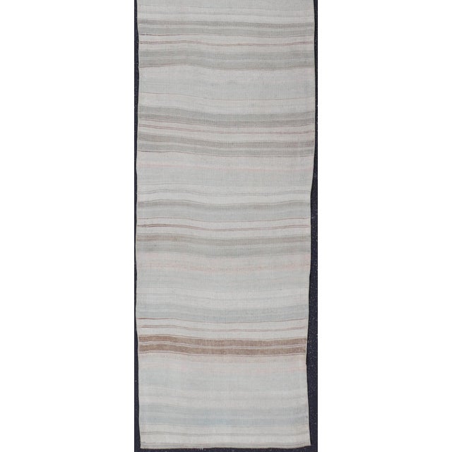 Mid 20th Century Vintage Turkish Kilim Runner With Soft Gray, Ivory, Sand, and Taupe Stripes For Sale - Image 5 of 11