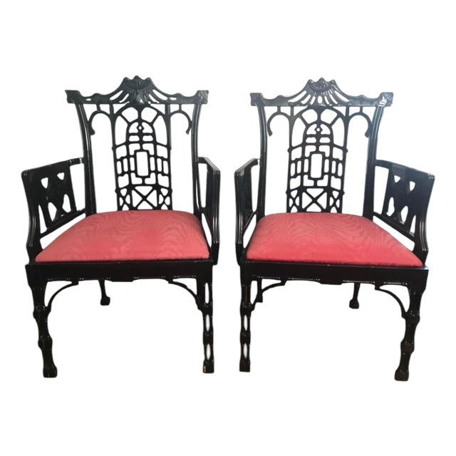 1960s Black Lacquer Pagoda Style Armchairs, a Pair For Sale