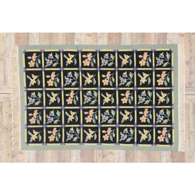 Black Vintage Chinese Floral Kilim Rug - 04'01 x 06'03 For Sale - Image 8 of 9