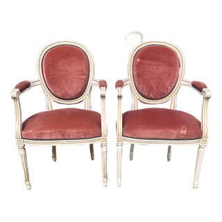 French 19th Century Louis XVI Painted Walnut Arm Chairs - Set of 2 For Sale