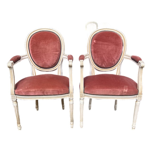 French 19th Century Louis XVI Painted Walnut Arm Chairs - Set of 2 For Sale