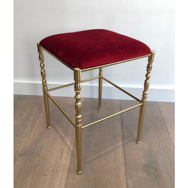 1940s Italian Brass Chiavari Chair and Stool, Seats Covered in Red Velvet- 2 Pieces For Sale - Image 9 of 12