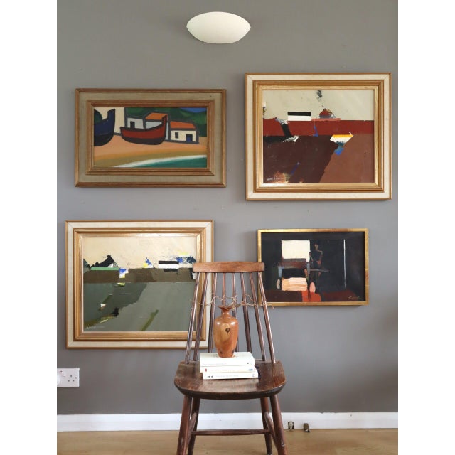 Mid-Century Modern 'Boats at Rest' Vintage Original Coastal Landscape Oil Painting, Framed For Sale - Image 12 of 12