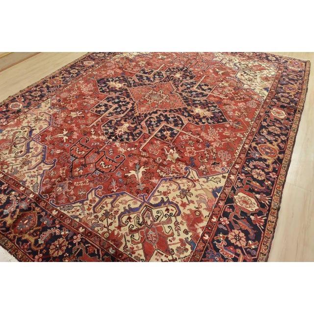 Farmhouse Heriz Rug 9'9'' X 12'10'' Red Wool Vintage Traditional Hand-Knotted Carpet For Sale - Image 3 of 15