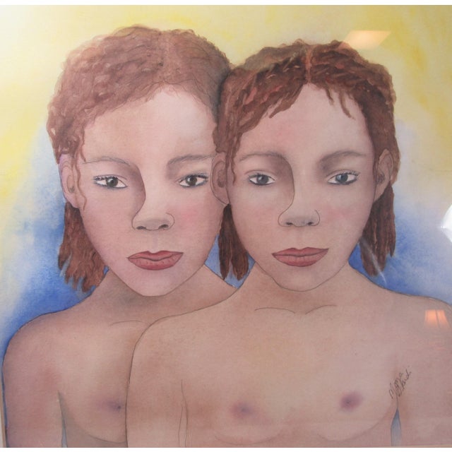 Art Deco Vintage Original Painting Watercolor + Pen Twin Girls For Sale - Image 3 of 7
