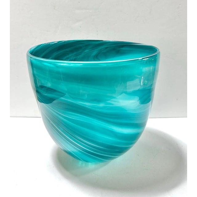 Contemporary Large Hand-Blown Turquoise Swirl Art Glass Bowl or Cachepot For Sale - Image 3 of 8