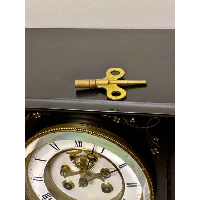 Antique French Belgian Black Slate Mantle Clock With Open Escapement and Malachite Inlay For Sale - Image 11 of 15