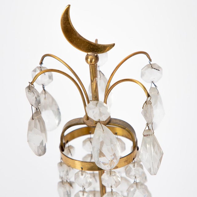 Neoclassical Pair of Swedish Crystal Prism Candelabra With Cobalt Blue Glass & Crescent Moon Finials For Sale - Image 3 of 4