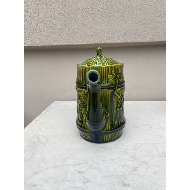 Army Green 19th Century French Green Majolica Bamboo Teapot Salins For Sale - Image 8 of 9
