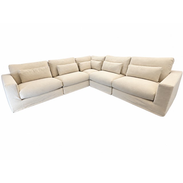 Rh Lugano Modular 5-Piece Sectional | Italy | Down-Feather | Performance Linen Weave – Sand | Customizable For Sale In Columbus - Image 6 of 18