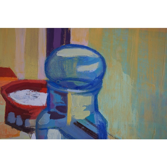 Contemporary Blue Glass Jar on Windowsill Oil Painting For Sale - Image 3 of 3