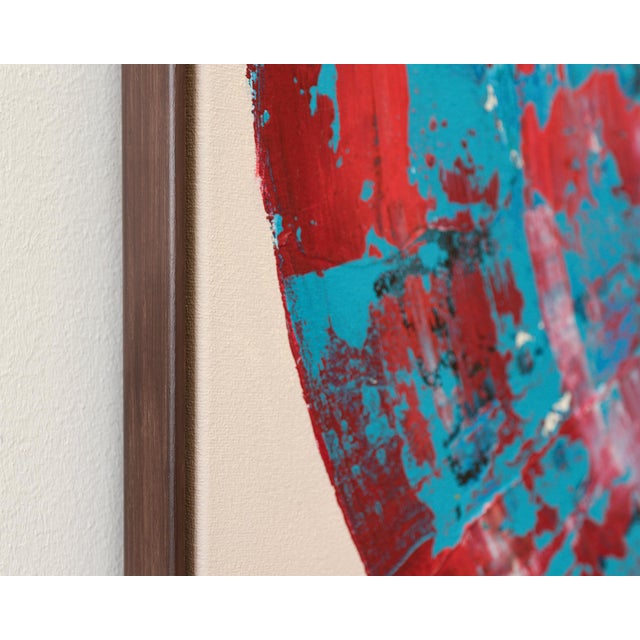 Textile Red Blue Circle, Contemporary Painting on Canvas, Framed For Sale - Image 7 of 11