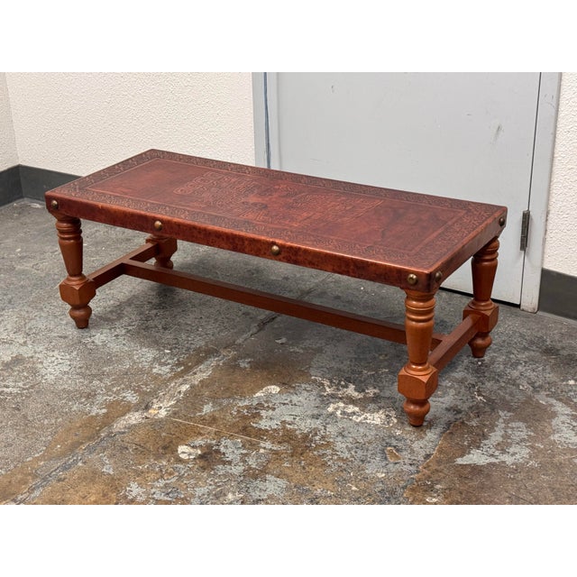 Chavín Culture Peruvian Tooled Leather Table Bench For Sale - Image 4 of 12